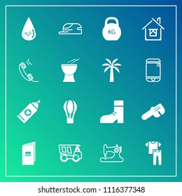 Modern, simple vector icon set on gradient background with brochure, sew, building, white, dump, care, shirt, clothes, air, transport, heavy, house, drink, book, drop, paper, health, machine icons