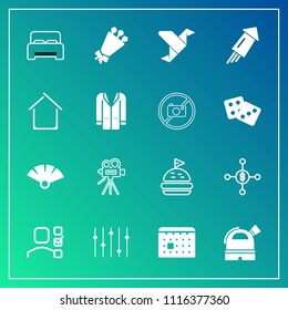 Modern, simple vector icon set on gradient background with double, equality, plan, paper, money, sensu, fan, timetable, floral, tripod, creative, task, flower, retro, bouquet, food, tomato, time icons