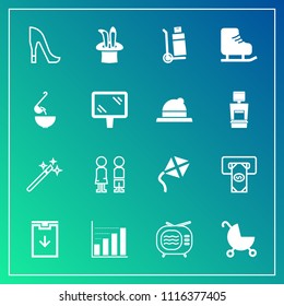Modern, simple vector icon set on gradient background with boy, kite, female, sign, diagram, machine, antenna, wand, video, standing, happy, bank, pram, download, sport, shipping, wizard, cash icons