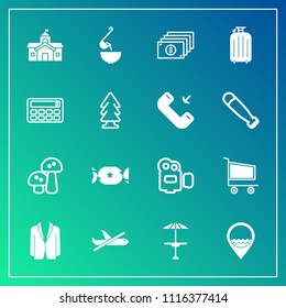 Modern, Simple Vector Icon Set On Gradient Background With Pub, Candy, Handle, Architecture, Government, Bag, Business, Spoon, Camera, Airplane, Table, Dinner, Bar, Mushroom, Location, Cafe, Job Icons