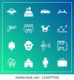 Modern, simple vector icon set on gradient background with style, pull, left, monster, diskette, time, bus, bell, landscape, dessert, ufo, plane, bag, food, fiction, call, gadget, tree, alien icons