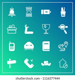 Modern, simple vector icon set on gradient background with ufo, alarm, map, alien, route, fashion, increase, way, education, navigation, clock, monster, telephone, arrow, hat, location, real icons