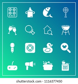 Modern, simple vector icon set on gradient background with stove, communication, joystick, sign, wine, cooking, air, woman, white, play, song, rubber, female, glass, clothing, microphone, duck icons