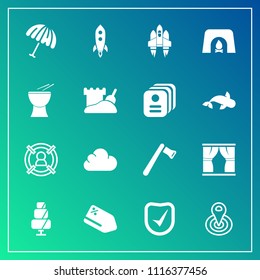 Modern, simple vector icon set on gradient background with music, construction, parasol, sweet, cloud, concept, axe, radius, customer, doughnut, rain, check, food, home, screwdriver, rocket, tag icons