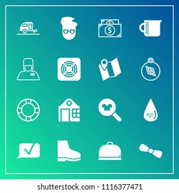 Modern, simple vector icon set on gradient background with summer, pool, restaurant, real, business, equipment, glass, hotel, clothes, cash, food, travel, ring, communication, estate, gift, chat icons