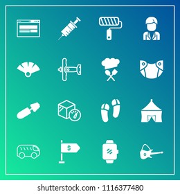 Modern, simple vector icon set on gradient background with clinic, roll, direction, fan, makeup, white, package, brush, watch, smart, medical, music, screen, dentistry, web, mascara, tent, male icons