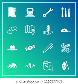 Modern, simple vector icon set on gradient background with boat, wrench, document, ocean, pencil, equipment, spanner, transportation, pen, sheriff, global, texas, kayak, cowboy, location, water icons