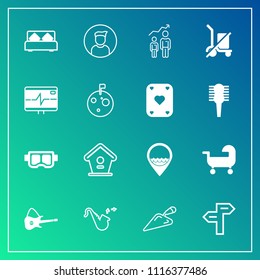 Modern, simple vector icon set on gradient background with sea, profile, summer, development, shopping, personal, equipment, arrow, music, bed, bugle, carriage, white, location, send, jazz, work icons