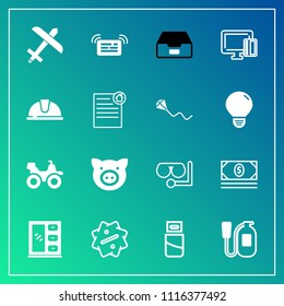 Modern, simple vector icon set on gradient background with mask, furniture, plug, coin, airplane, diving, extreme, bike, equipment, danger, message, computer, pig, bank, business, glass, sale icons