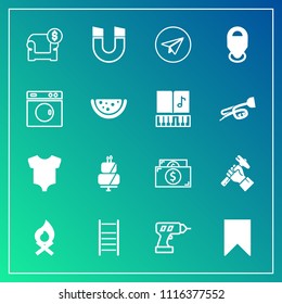 Modern, simple vector icon set on gradient background with message, drill, clothing, communication, currency, kid, modern, money, pole, cash, clothes, cake, hand, hot, magnetic, pie, couch, baby icons