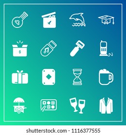 Modern, simple vector icon set on gradient background with wildlife, time, chinese, holiday, animal, ocean, drink, business, alcohol, restaurant, string, box, celebration, play, music, red, mug icons