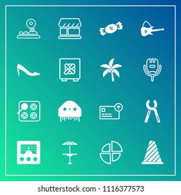 Modern, simple vector icon set on gradient background with curtain, oven, sign, button, chart, web, cafe, pub, light, radio, service, gas, traffic, money, tool, graph, street, bar, currency, pie icons