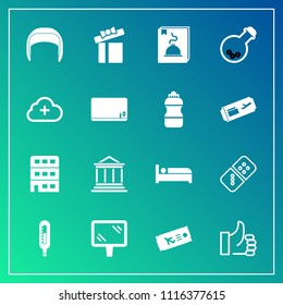 Modern, simple vector icon set on gradient background with bed, row, ticket, gift, equipment, business, hand, medicine, laboratory, good, domino, worker, road, menu, game, sign, temperature, up icons