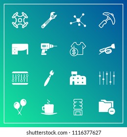 Modern, simple vector icon set on gradient background with celebration, birthday, wrench, desk, cafe, paint, drone, equipment, hammer, helicopter, aerial, architecture, crane, document, table icons