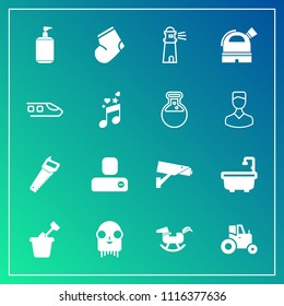 Modern, simple vector icon set on gradient background with fashion, warm, clean, clothes, summer, human, safety, work, alien, saw, winter, toilet, agricultural, socks, social, camera, light, toy icons