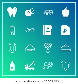 Modern, simple vector icon set on gradient background with bodysuit, online, plastic, tow, truck, fun, extreme, pin, ball, parachute, healthy, sky, dental, luggage, magnetic, travel, transport icons