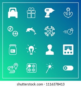 Modern, simple vector icon set on gradient background with electricity, aluminum, industry, anchor, route, wand, energy, bulb, magic, can, wireless, kitchen, user, vehicle, switch, ship, giftbox icons