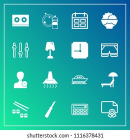 Modern, simple vector icon set on gradient background with white, certificate, cooking, beach, diploma, avatar, food, boat, equipment, user, fish, music, sea, salmon, timetable, sunbed, casette icons