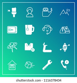 Modern, simple vector icon set on gradient background with shirt, shipment, treadmill, food, call, equipment, travel, human, store, sport, public, white, wc, profile, wrench, fitness, headset icons