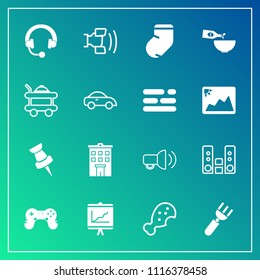 Modern, simple vector icon set on gradient background with wine, food, restaurant, map, audio, joystick, home, snack, headphone, megaphone, chicken, play, report, pin, telephone, service, real icons
