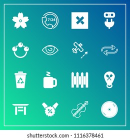 Modern, simple vector icon set on gradient background with sign, waste, hot, location, blossom, closed, musical, cherry, shrine, disc, sale, sound, cello, flower, cup, support, help, violoncello icons