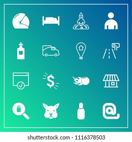 Modern, simple vector icon set on gradient background with launch, page, communication, rabbit, cute, animal, clothing, currency, sport, biker, rocket, envelope, motorbike, home, double, bowling icons