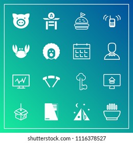 Modern, simple vector icon set on gradient background with online, food, property, old, extreme, technology, web, document, lock, diagnostic, vintage, jump, pork, dish, animal, japanese, pig icons