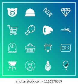 Modern, simple vector icon set on gradient background with jewelry, security, alien, balloon, corn, pig, electricity, barbecue, monster, lock, shop, holiday, man, technology, bank, celebration icons
