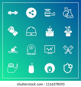 Modern, simple vector icon set on gradient background with clown, human, help, kitchen, scary, transport, media, security, tool, water, kettle, circus, internet, musical, technology, paddle, gym icons