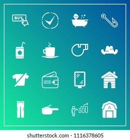 Modern, simple vector icon set on gradient background with check, success, clothing, wood, rod, fish, web, meal, food, dinner, button, street, buy, house, development, pot, pants, hook, kid icons