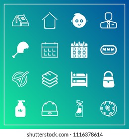 Modern, simple vector icon set on gradient background with bottle, soap, home, casino, data, kid, music, folk, instrument, estate, employer, hygiene, housework, technology, information, fashion icons