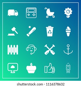Modern, simple vector icon set on gradient background with stroller, london, good, clock, food, arrow, fence, barrier, protection, success, hand, sweet, wall, oar, paddle, canoe, water, wheel icons