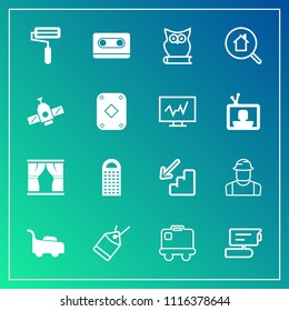 Modern, simple vector icon set on gradient background with cassette, person, audio, owl, home, curtain, roller, cheese, worker, baggage, roll, downstairs, construction, up, retro, bird, engineer icons