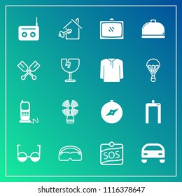 Modern, simple vector icon set on gradient background with communication, sea, radio, equipment, lighthouse, boat, stationary, map, paddle, vehicle, oar, food, xray, travel, sign, tv, machine icons