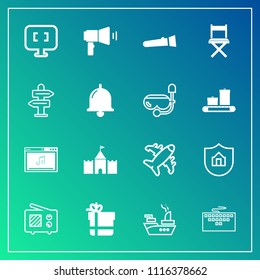 Modern, simple vector icon set on gradient background with torch, internet, marine, ship, arrow, gift, box, radio, direction, lamp, way, protect, travel, signal, music, antenna, communication icons