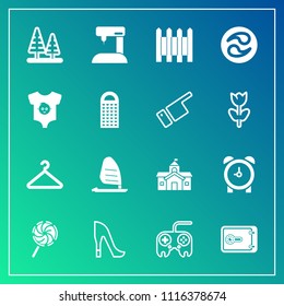 Modern, simple vector icon set on gradient background with building, machine, house, fashion, sewing, sea, sweet, clock, arrow, watch, hanger, cloakroom, city, environment, sew, web, hour, ocean icons