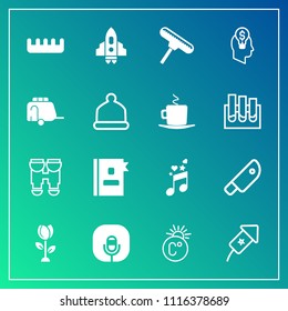 Modern, simple vector icon set on gradient background with holiday, technology, roller, food, craft, scale, space, care, temperature, comb, background, thermometer, kitchen, note, spaceship, cut icons