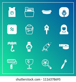 Modern, simple vector icon set on gradient background with food, paper, smart, office, tape, dinner, hook, file, gadget, crash, tool, shattered, team, postage, sausage, sport, folder, hotdog icons