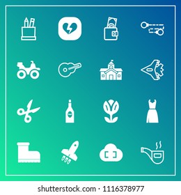 Modern, simple vector icon set on gradient background with blossom, pencil, glass, retro, heart, cut, footwear, bike, extreme, money, purse, launch, cloud, tool, alcohol, business, chain, love icons