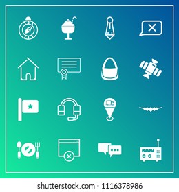 Modern, simple vector icon set on gradient background with house, sweet, america, bubble, direction, south, accessory, support, media, map, location, building, male, plate, call, suit, east, tie icons