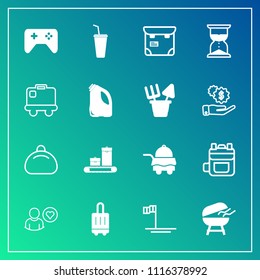 Modern, simple vector icon set on gradient background with person, baja, grill, people, profile, game, time, bed, bedroom, hourglass, blue, fashion, business, style, travel, backpack, juice, bbq icons