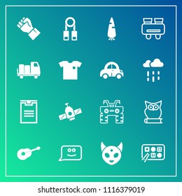 Modern, simple vector icon set on gradient background with owl, music, wheel, box, orbit, food, vision, technology, package, carrot, spy, bird, glasses, fiction, fresh, delivery, animal, dirt icons
