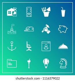 Modern, simple vector icon set on gradient background with paper, wine, background, office, horse, home, ship, rudder, bucket, folder, strategy, wheel, chair, spray, restaurant, drink, container icons