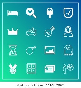 Modern, simple vector icon set on gradient background with falling, war, food, security, alien, timer, chart, people, clothing, meeting, document, character, fashion, icecream, cartoon, business icons