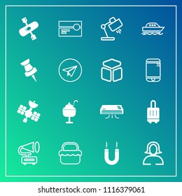 Modern, simple vector icon set on gradient background with table, stereo, airport, grass, water, activity, picnic, lamp, gramophone, magnet, conditioning, kayak, luggage, sign, record, bag, girl icons