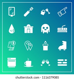 Modern, simple vector icon set on gradient background with interior, direction, shovel, banner, candle, decoration, travel, cafe, wax, roller, business, bucket, electricity, flame, pan, table icons