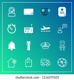 Modern, simple vector icon set on gradient background with call, trip, comfortable, move, chair, alarm, house, gambling, hair, game, bag, travel, apartment, casino, highway, center, room, office icons