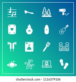 Modern, simple vector icon set on gradient background with play, game, poker, aroma, globe, kitchen, communication, tree, player, footwear, white, paris, note, dryer, bottle, fashion, audio, pan icons