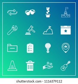 Modern, simple vector icon set on gradient background with list, pot, replacement, beer, job, drink, room, business, storage, file, parachuting, home, substitute, waste, music, document, finance icons