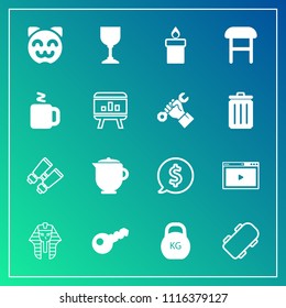 Modern, simple vector icon set on gradient background with internet, cat, skate, web, candle, decoration, hot, skater, key, culture, drink, price, label, kitty, pharaoh, breakfast, cute, egypt icons